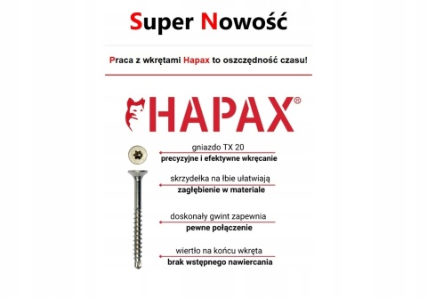 Wkręt z wiertłem do płyt meblowych konfirmat 4x50 HAPAX 200 szt + bit TX20