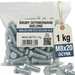 Śruba 6k na klucz DIN933 kl. 8.8 ocynk 1kg M8x20