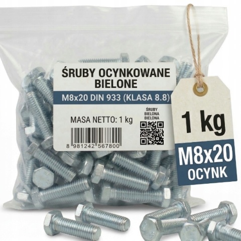 Śruba 6k na klucz DIN933 kl. 8.8 ocynk 1kg M8x20